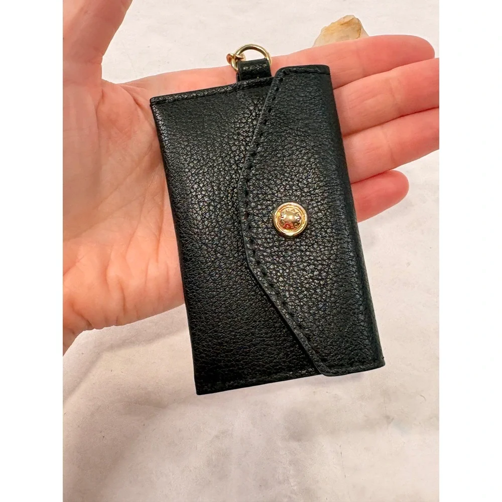 Aldo Black Pebbled Faux Leather Envelope Card Holder Wallet with Gold Chain Clip